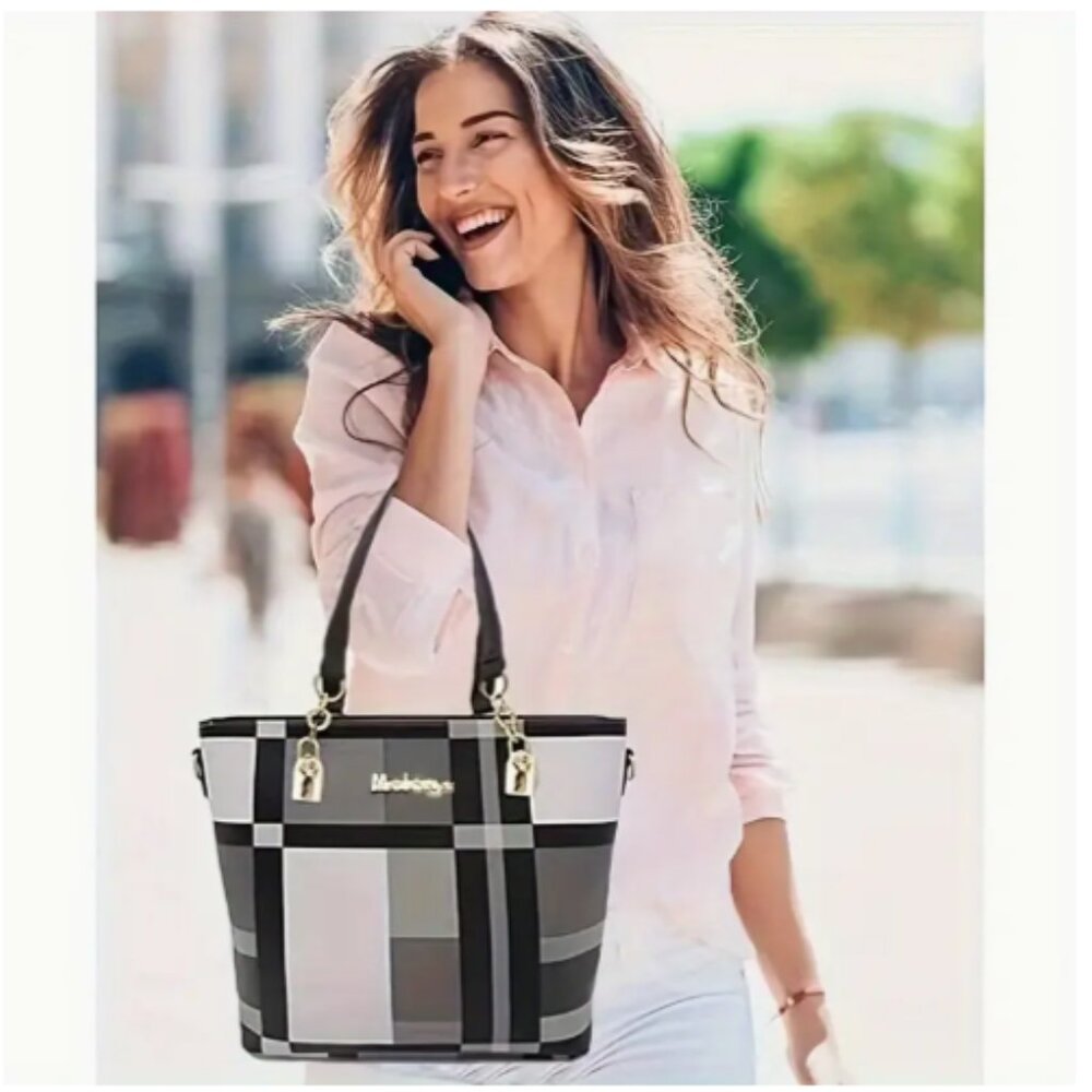 Blue Plaid Leather 6pcs Women's Handbag Set - Picture 7 of 14